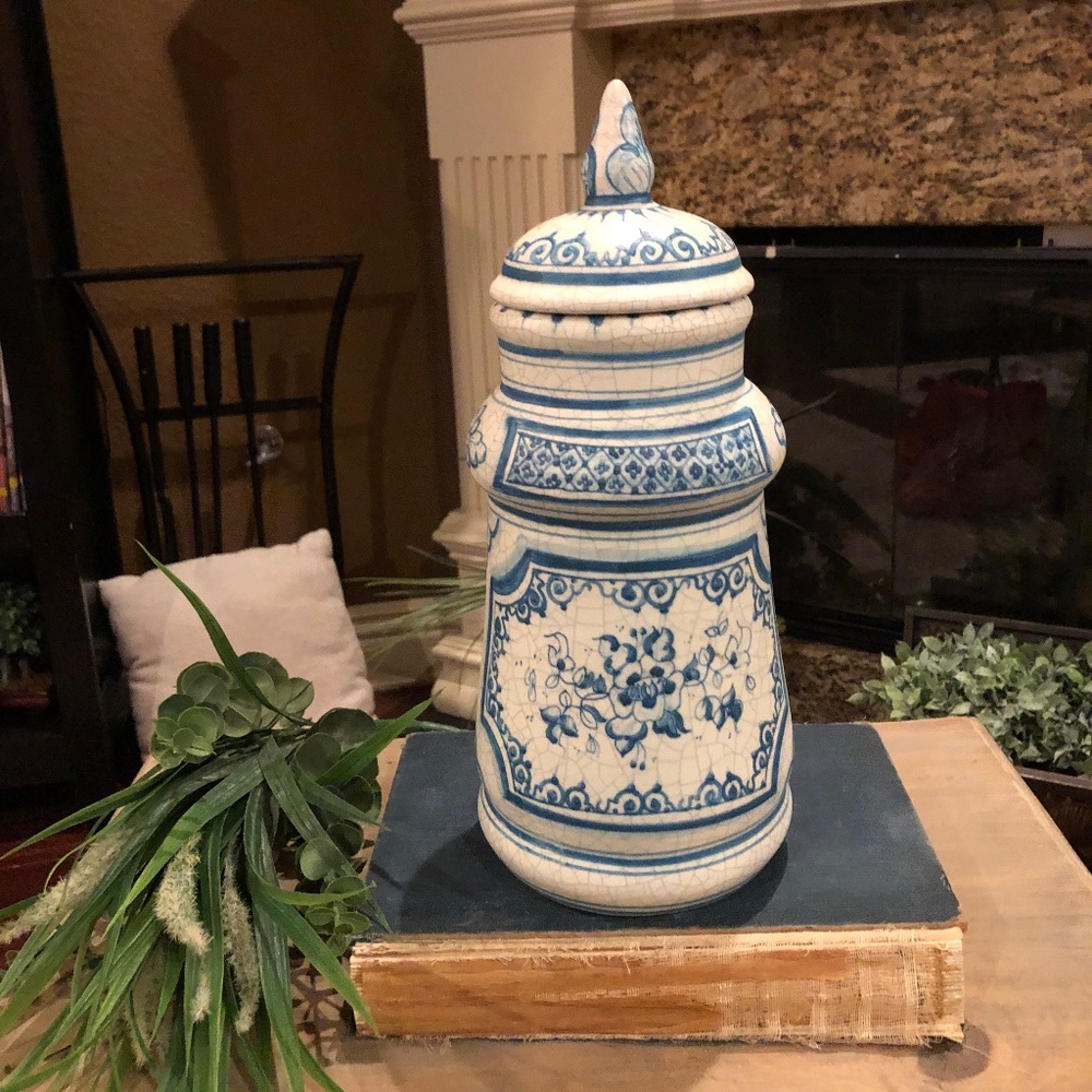 Large Benlloch Spanish Pitcher Vase Crackle Glaze Blue White 13.5 Inches Tall